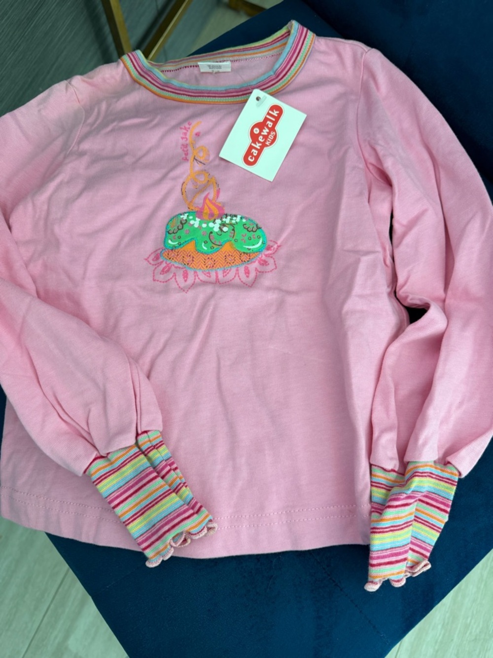 Pink Long-Sleeve Girls' Top with Donut Embroidery